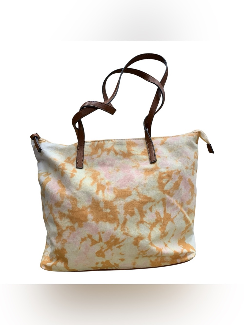 Sonoma NWT Cream Tie-Dye Tote with Brown Leather Straps